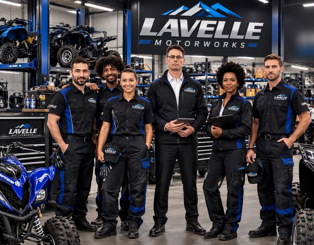 Illustration of a team in Lavelle Motorworks uniforms in a parts warehouse