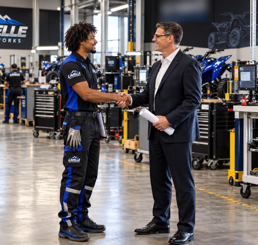 Illustration of a Lavelle Motorworks technician shaking hands with a customer on the workshop floor